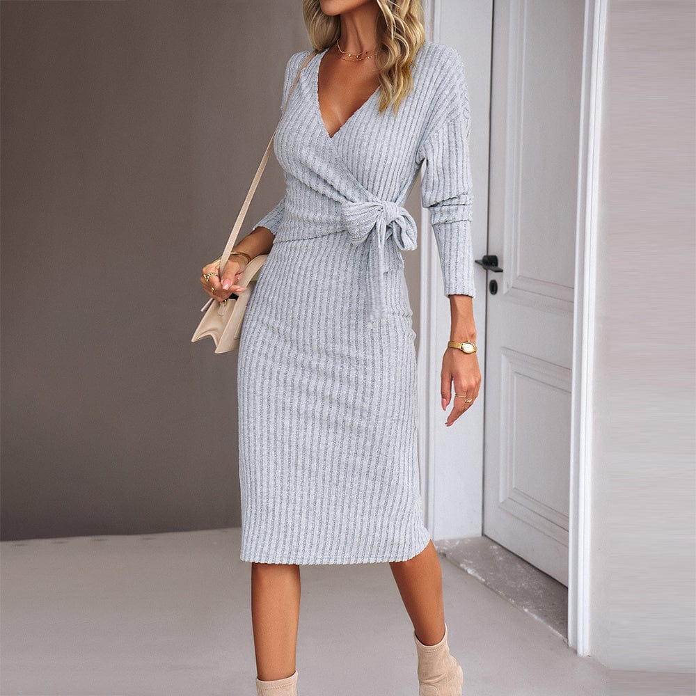 EmiSmile Dreses Elegant V-Neck Solid Color Bandage Dress