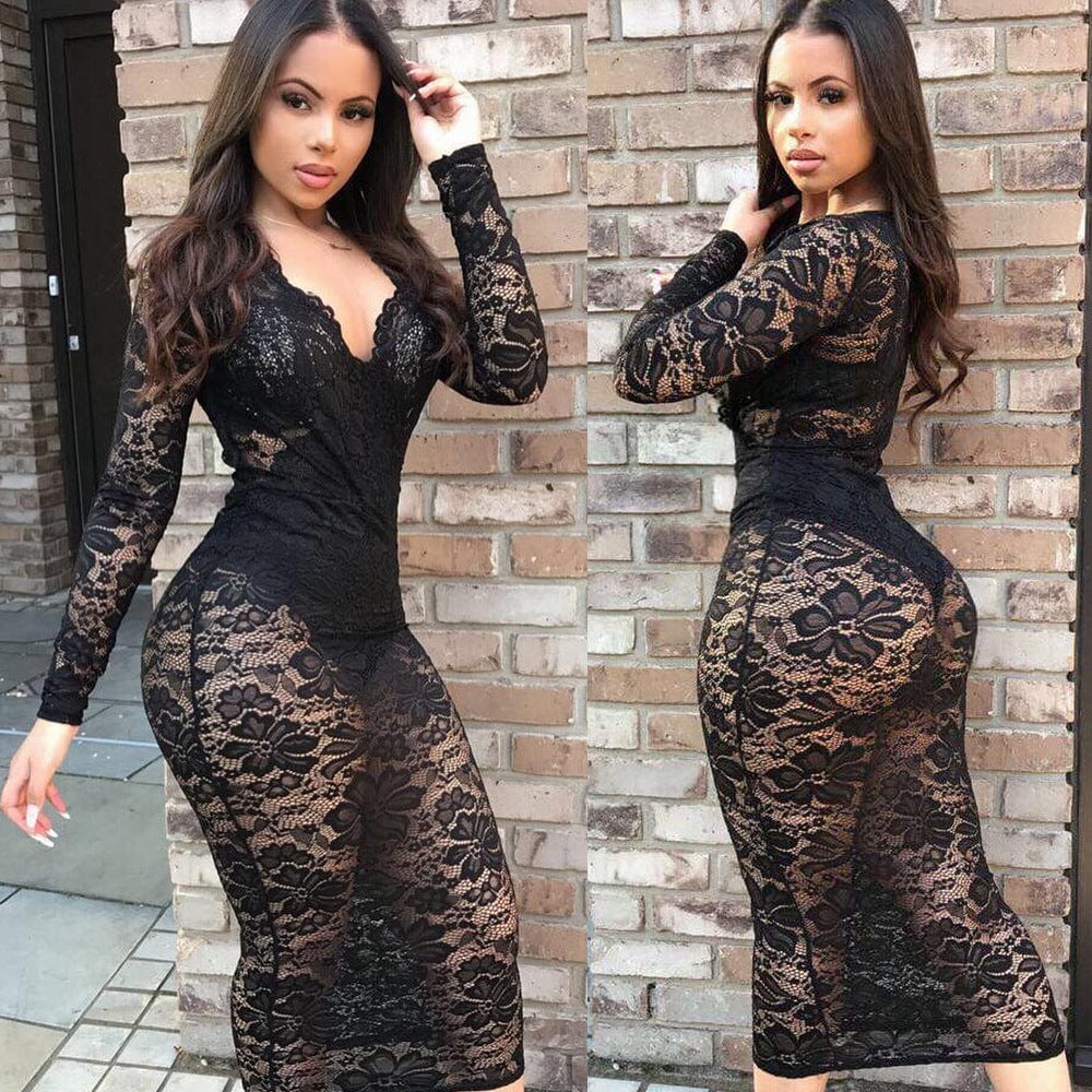EmiSmile Dreses Lace Sexy V-Neck Dress – Elegant, Sultry & Timeless ✨
