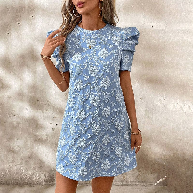 EmiSmile Dreses Summer Mini Dress with Puff Sleeves and Floral Jacquard