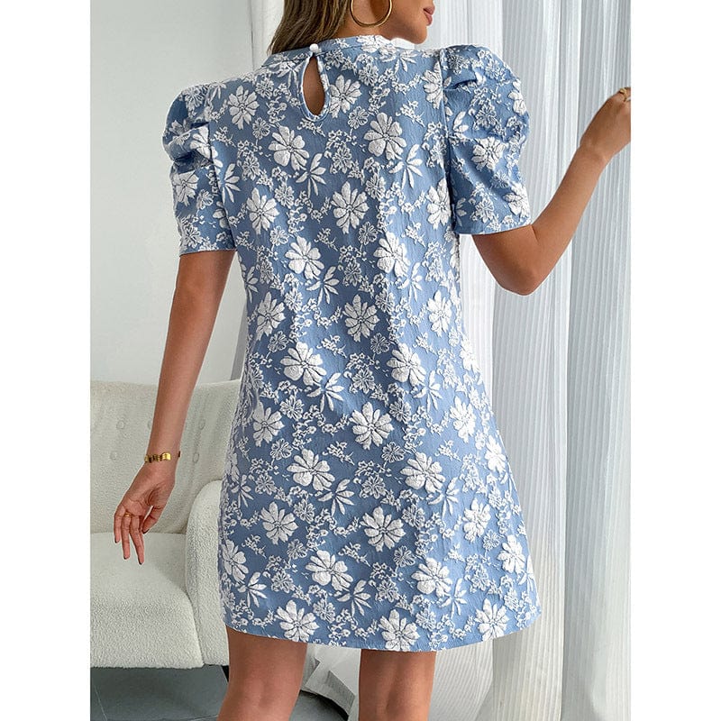 EmiSmile Dreses Summer Mini Dress with Puff Sleeves and Floral Jacquard