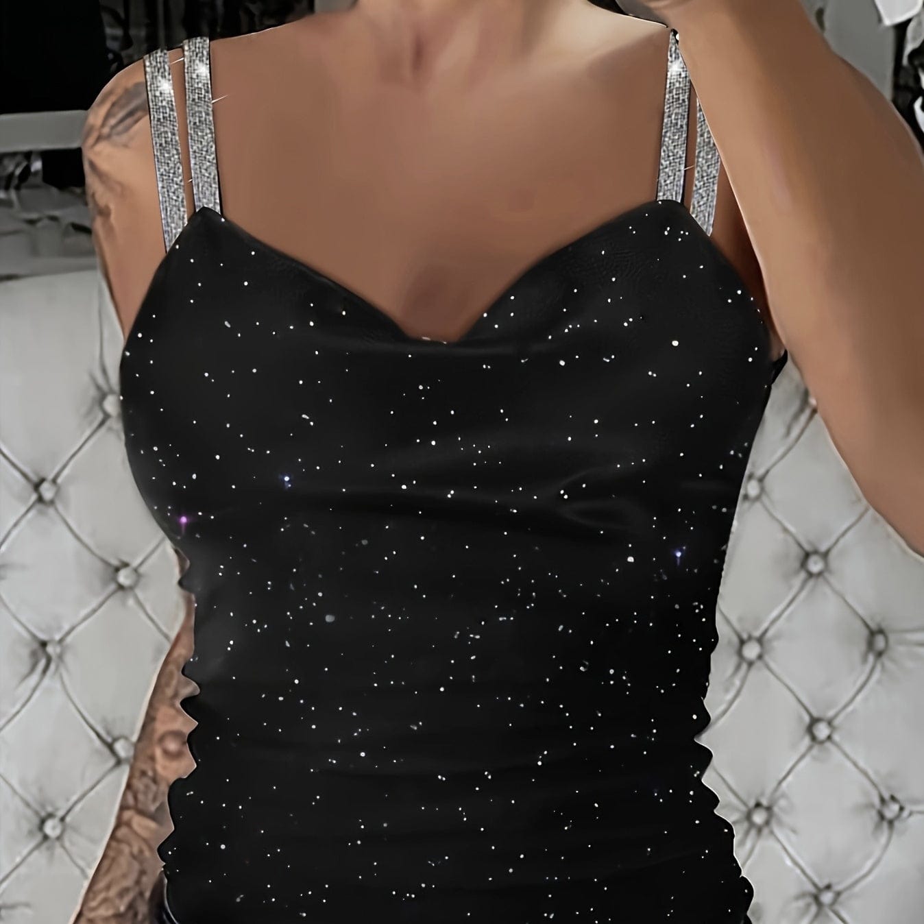 EmiSmile effortless tees Women’s Solid Color Spaghetti Strap Top with V-Neckline, Embellished with Sequins and Crystals ✨