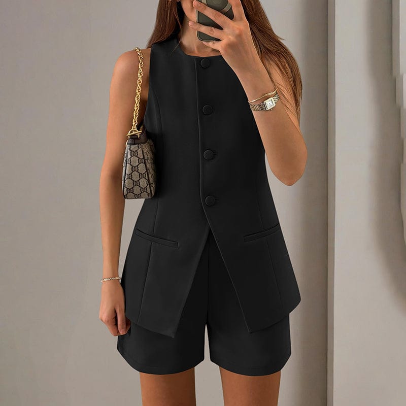EmiSmile shorts Black / L "Summer 2-Piece Business Set – Sleeveless Crew Neck Vest & High Waist Shorts"