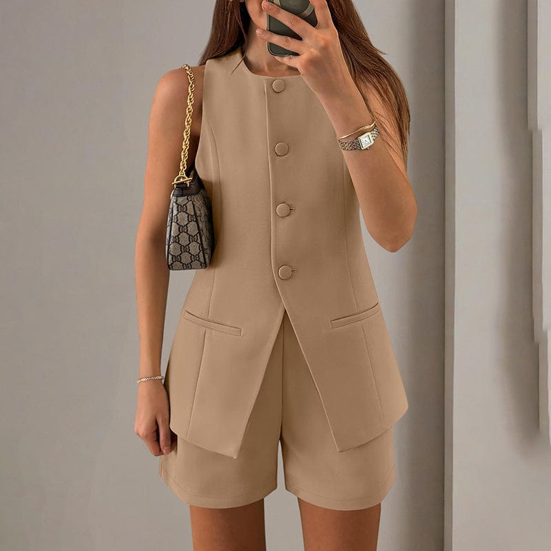 EmiSmile shorts "Summer 2-Piece Business Set – Sleeveless Crew Neck Vest & High Waist Shorts"