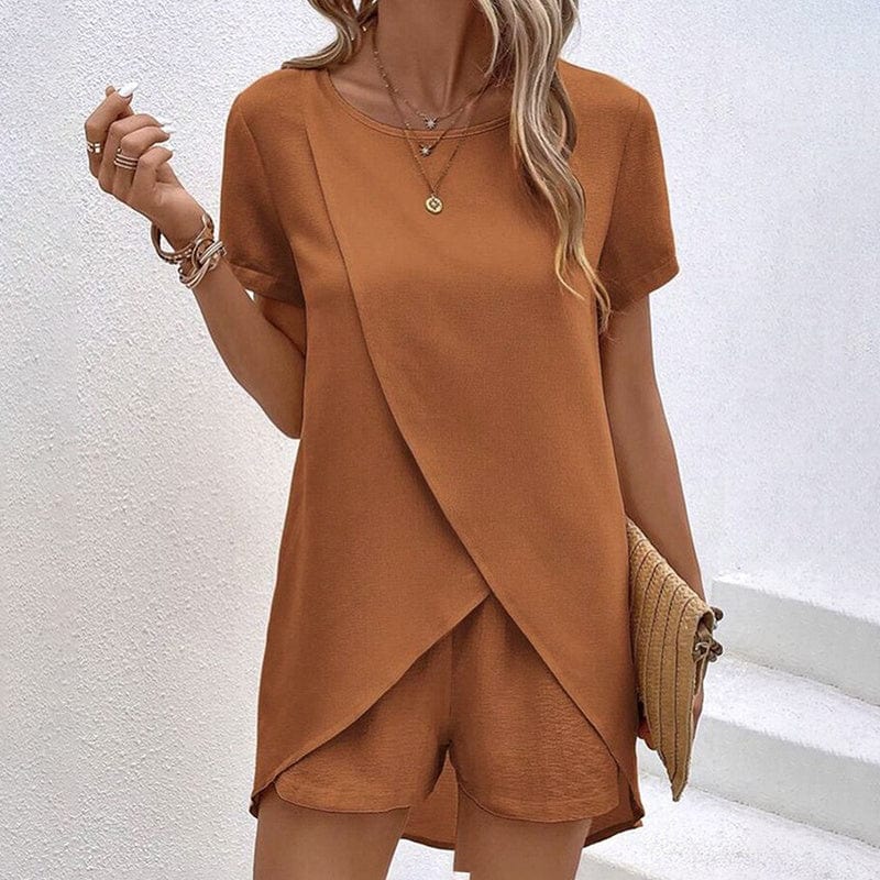EmiSmile tops Coffee / 2XL "Casual Summer Lounge Set – Short Sleeve Top & Matching Shorts"
