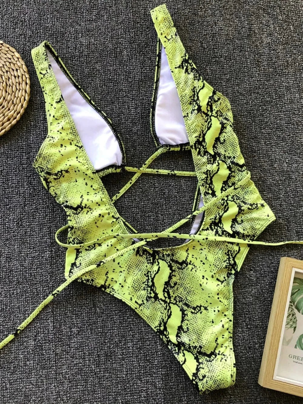 Trendsi 𝑺𝑾𝑰𝑴𝑾𝑬𝑨𝑹 Lace-Up Backless Plunge One-Piece Swimwear