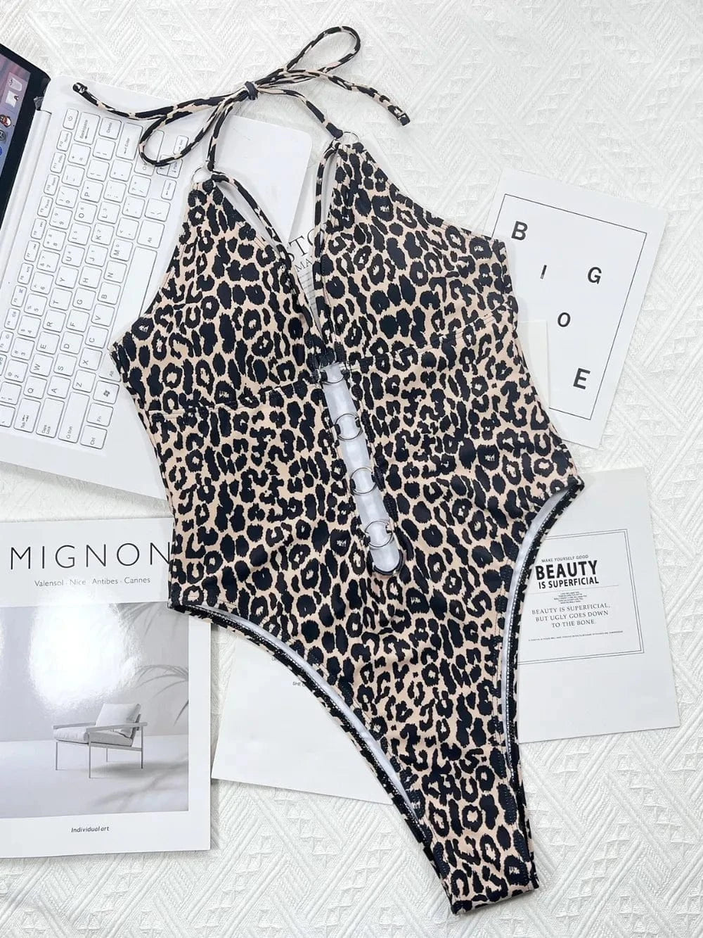 Trendsi 𝑺𝑾𝑰𝑴𝑾𝑬𝑨𝑹 Leopard Cutout Halter Neck One-Piece Swimwear
