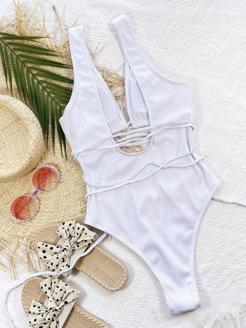 Trendsi 𝑺𝑾𝑰𝑴𝑾𝑬𝑨𝑹 Ribbed Lace Up One-Piece Swimsuit