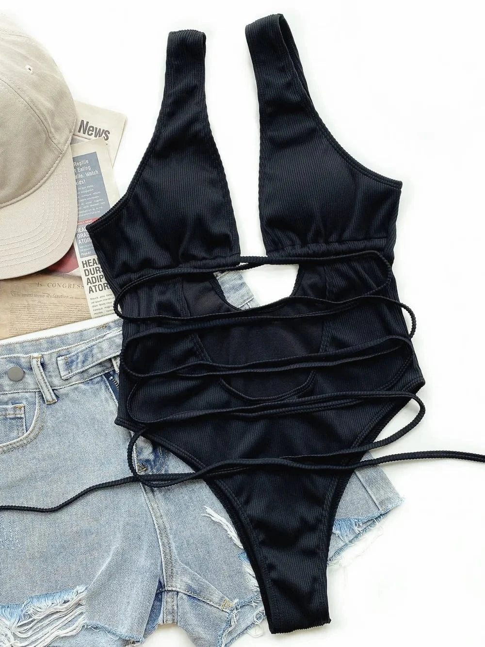 Trendsi 𝑺𝑾𝑰𝑴𝑾𝑬𝑨𝑹 Ribbed Lace Up One-Piece Swimsuit