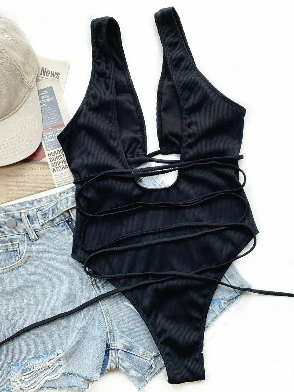 Trendsi 𝑺𝑾𝑰𝑴𝑾𝑬𝑨𝑹 Ribbed Lace Up One-Piece Swimsuit