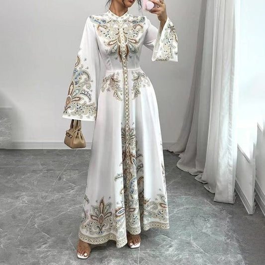 Trendsi 4 Elegant High-Neck Floral Maxi Dress - Long Flowy Sleeves, Modest A-Line Middle Eastern Style Gown Vacation & Party Dress For Women