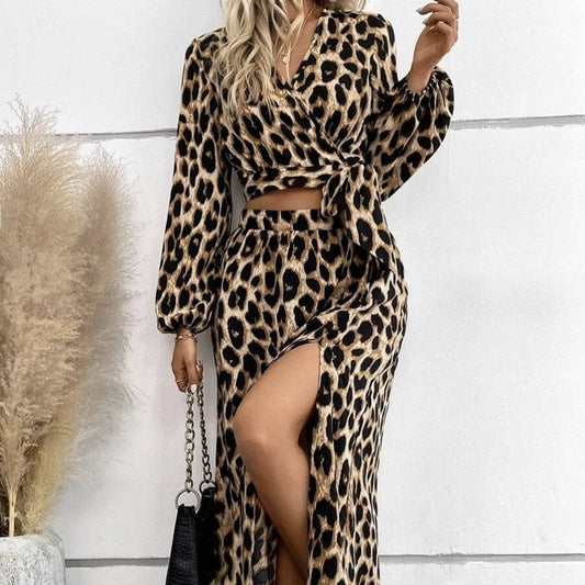 Trendsi 4 Ladies' Fashionable And Casual Versatile Long Sleeved Cross Wrapped Chest Strap Detail Leopard Print Slit Long Skirt Two-piece Set