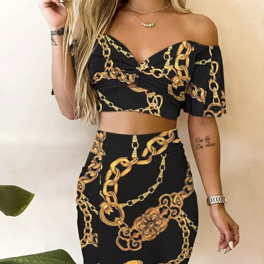 Trendsi 4 Women's Chain Low Neck Open Belly Half Skirt Set