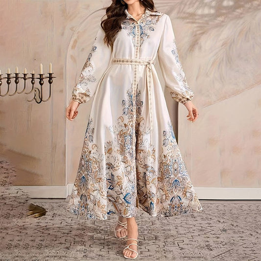 Trendsi 4 Women's Elegant Casual Knee-Length Dress - Drawstring Long Sleeves, Middle Eastern Lapel Print Adjust Tie Waist Belt Vacation & Party Dress