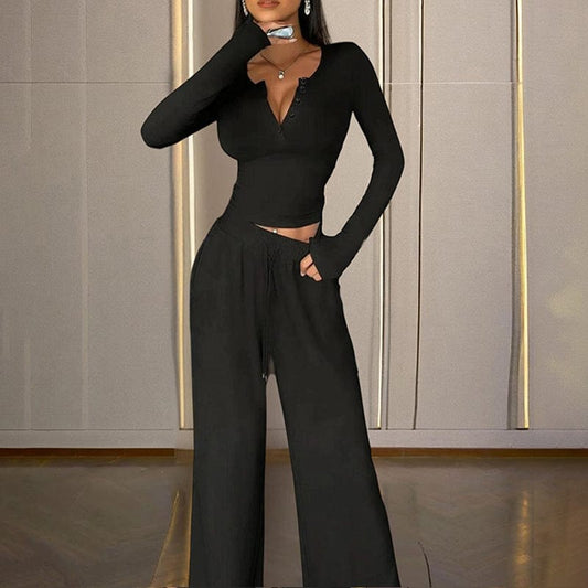 Trendsi 4 Women's Solid Color Fall&Winter Pants Set - Sexy V-Neck Button-Up Fitted Long Sleeve T-Shirt & High-Waist Flared Wide-Leg Stretchy Pants