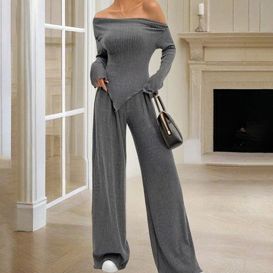 Trendsi 4 Women's Solid Color Off-Shoulder Long Sleeve Top & Pants Set - Elegant Asymmetrical Hem & Ruffes Cuff Casual Outfit