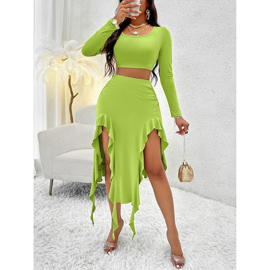 Trendsi 4 Women Summer 2 Piece Skirt Sets Long Sleeve Square Neck Crop Top Ruffle Trim Irregular Split Sexy Club Party Skirt Outfits