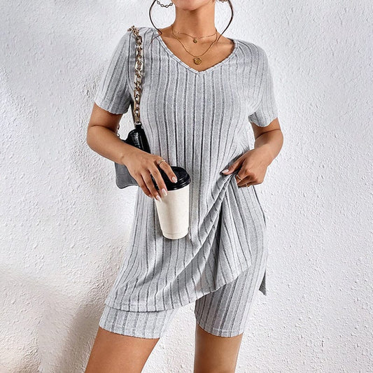 Trendsi 4 Womens 2 Piece Lounge Sets Summer Ribbed Knit V Neck Short Sleeve Tee And Shorts Sets