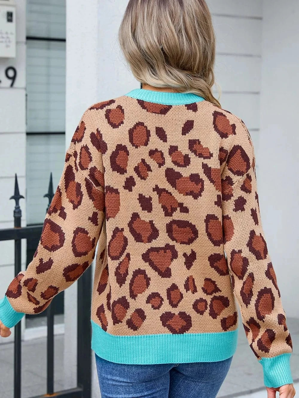 Trendsi Angel Wings Leopard Round Neck Long Sleeve Sweater