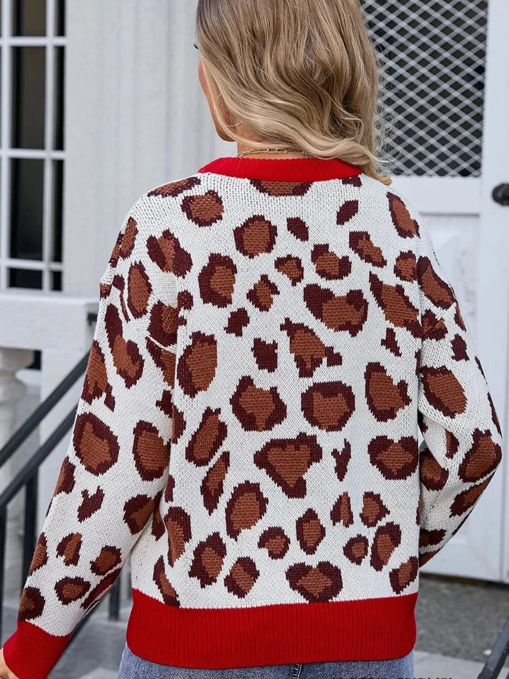 Trendsi Angel Wings Leopard Round Neck Long Sleeve Sweater