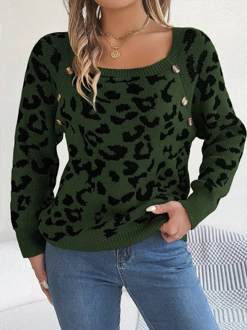 Trendsi Army Green / S Leopard Buttoned Square Neck Sweater