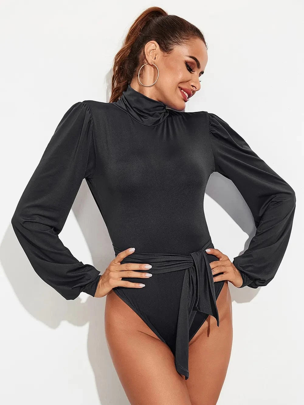 Trendsi Backless Tie-Waist Turtleneck Lantern Sleeve Bodysuit