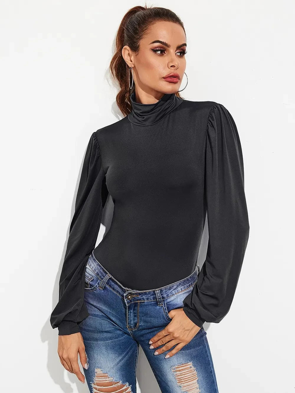Trendsi Backless Tie-Waist Turtleneck Lantern Sleeve Bodysuit