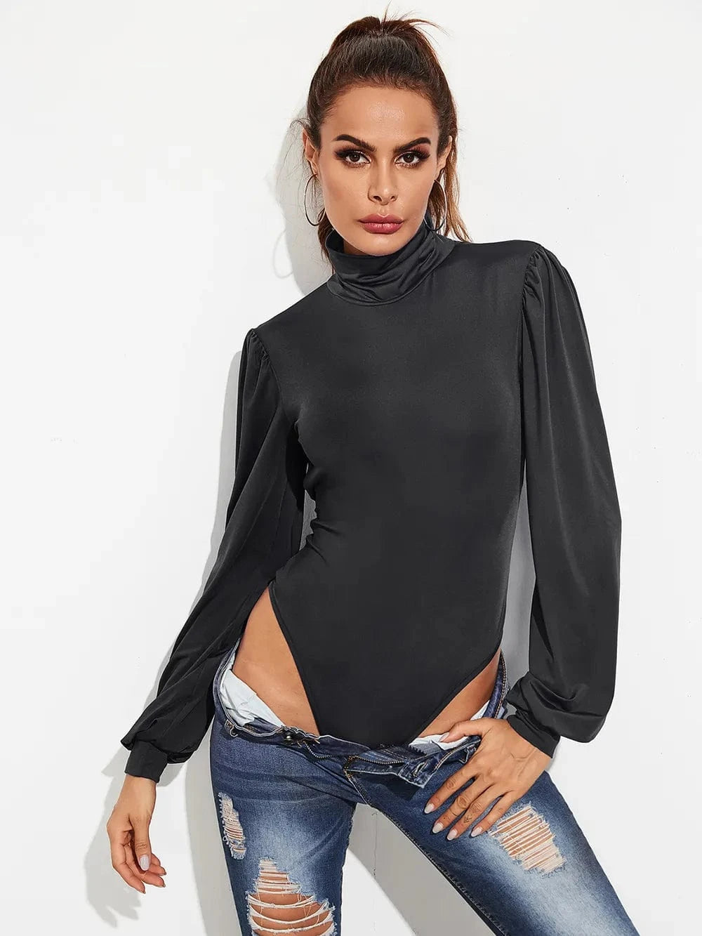 Trendsi Backless Tie-Waist Turtleneck Lantern Sleeve Bodysuit