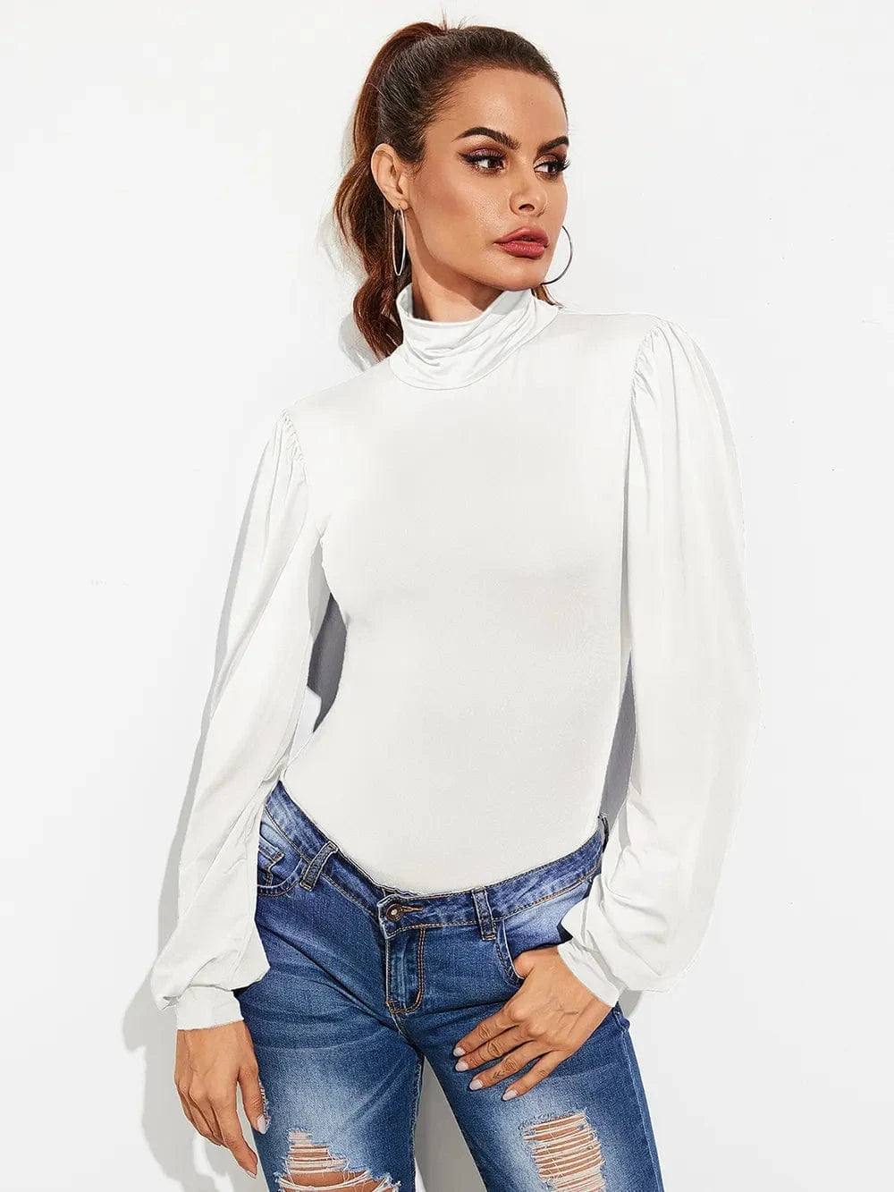 Trendsi Backless Tie-Waist Turtleneck Lantern Sleeve Bodysuit