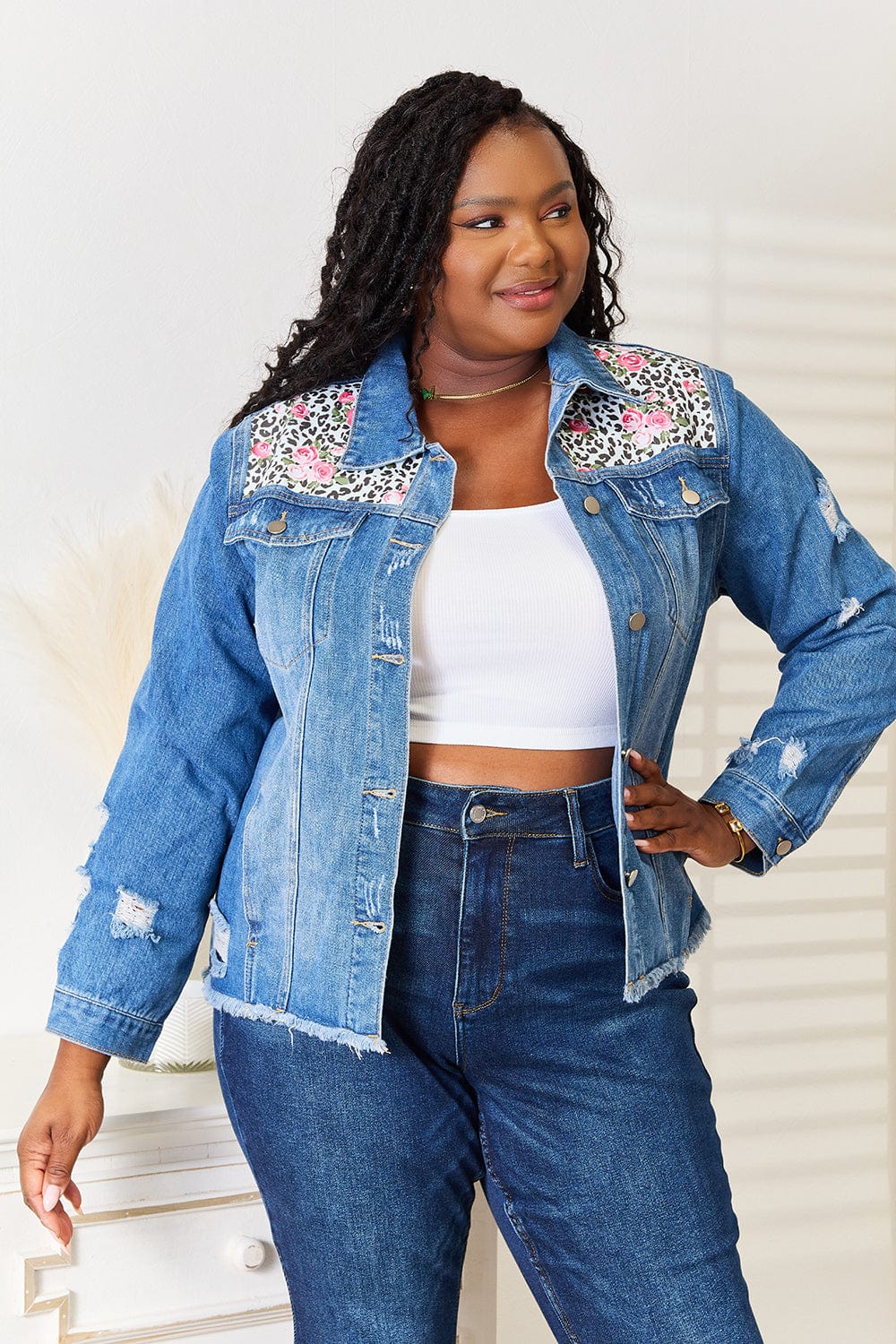 Trendsi Baeful Leopard Floral Distressed Raw Hem Denim Jacket