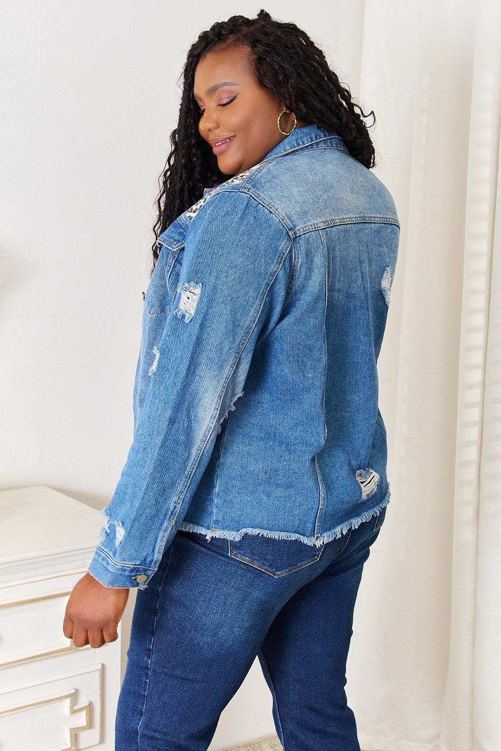 Trendsi Baeful Leopard Floral Distressed Raw Hem Denim Jacket