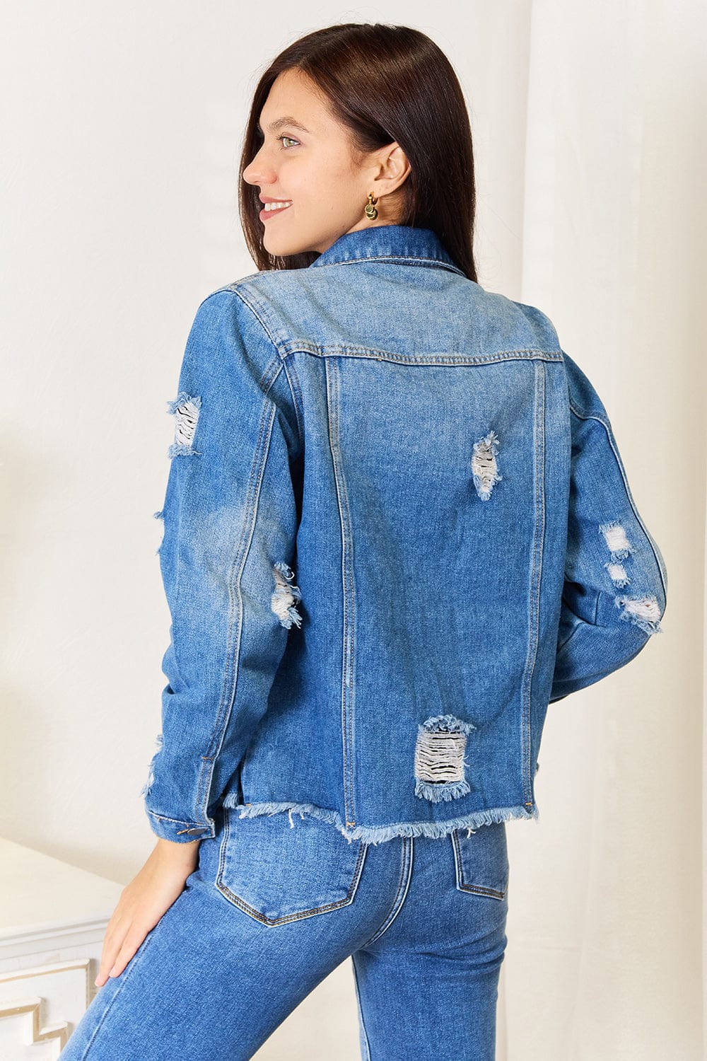 Trendsi Baeful Leopard Floral Distressed Raw Hem Denim Jacket
