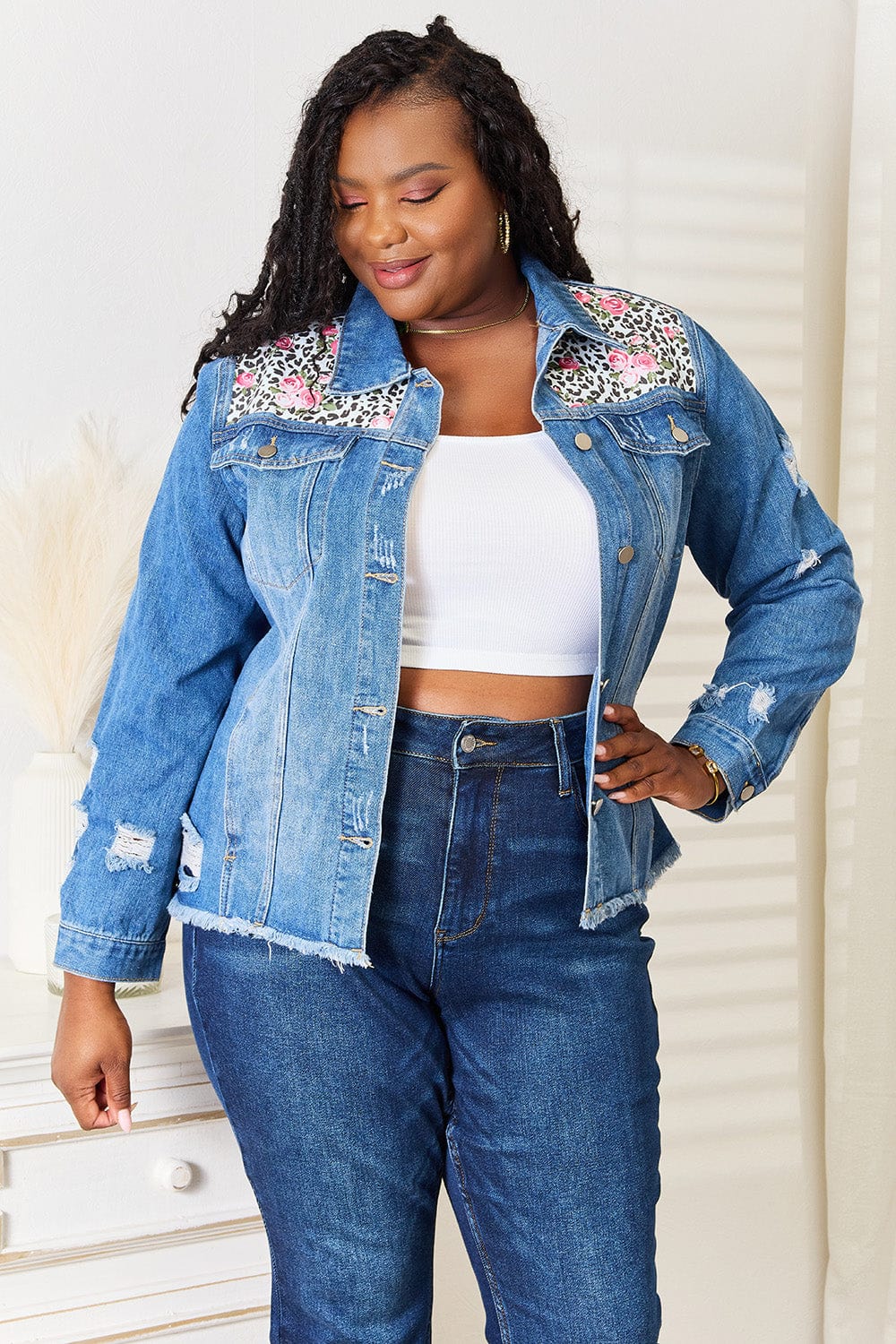 Trendsi Baeful Leopard Floral Distressed Raw Hem Denim Jacket