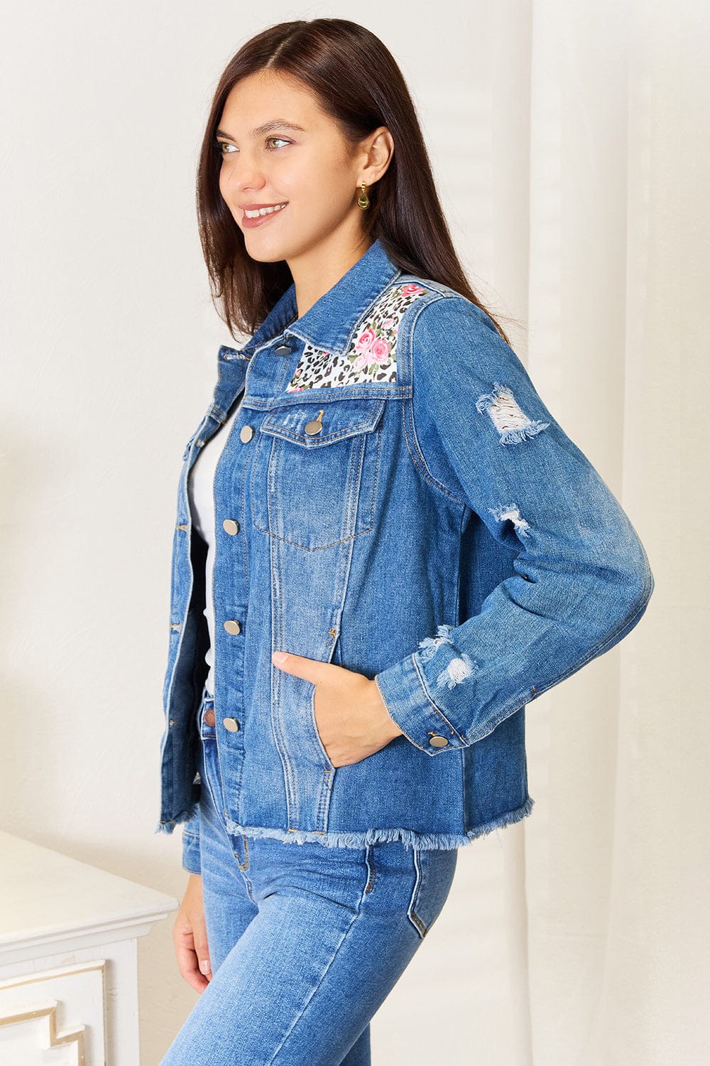 Trendsi Baeful Leopard Floral Distressed Raw Hem Denim Jacket