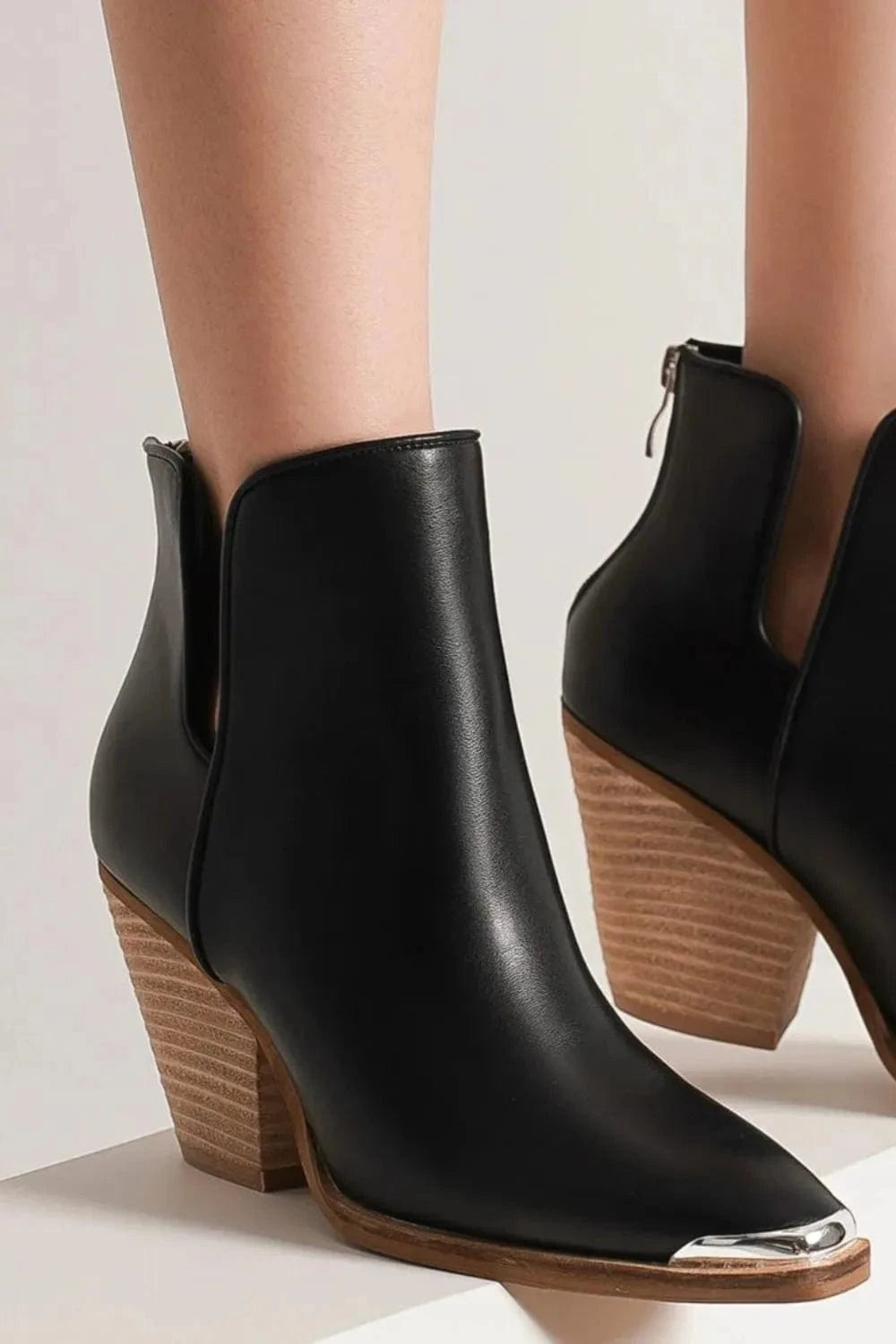 Trendsi Beast Fashion Pointed Metal-Tip Toe Block Heel Ankle Boots