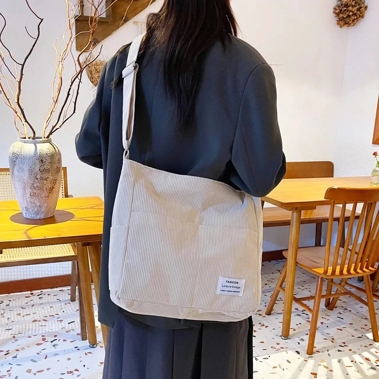 Trendsi Beige / onesize Corduroy Crossbody Messenger Bag