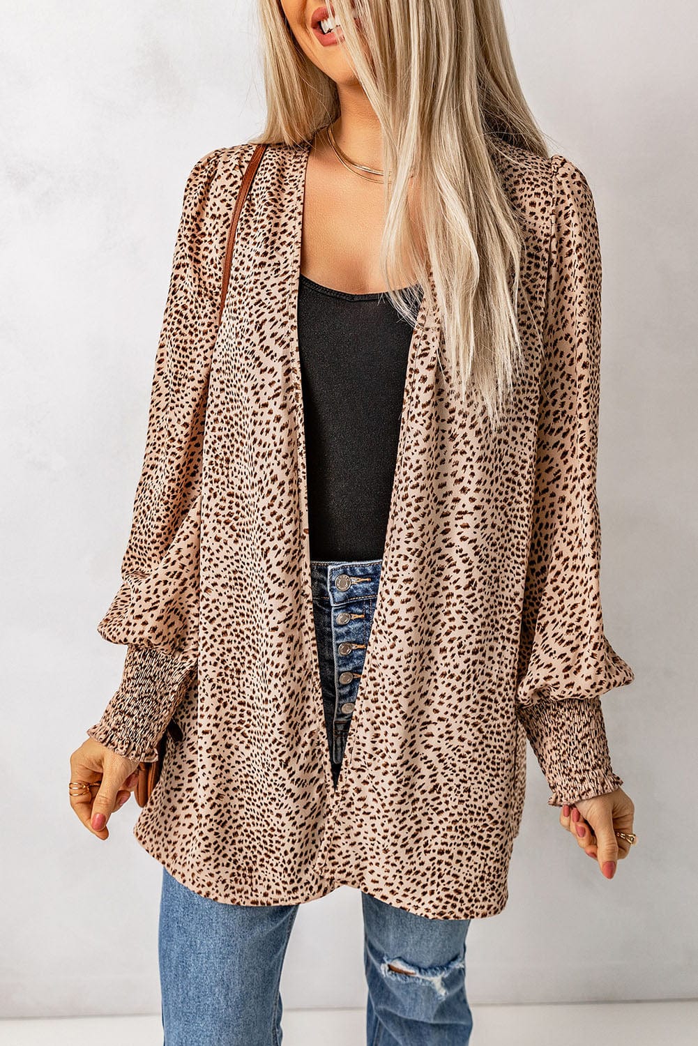Trendsi Beige / S Leopard Print Balloon Sleeve Cardigan