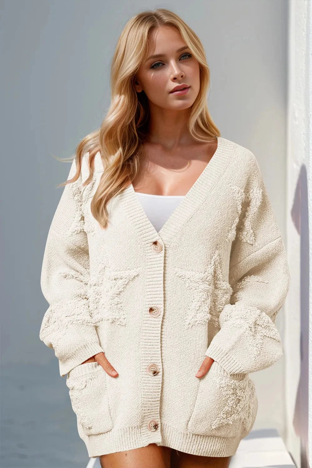 Trendsi Beige / S/M Double Take Full Size Button Up Star Pattern Cardigan