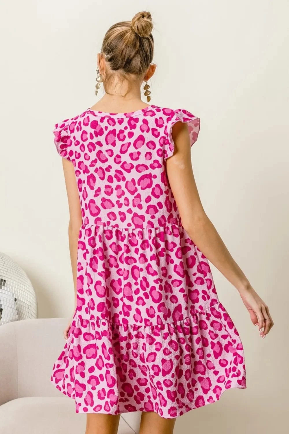 Trendsi BiBi Leopard Cap Sleeve Tiered Mini Dress