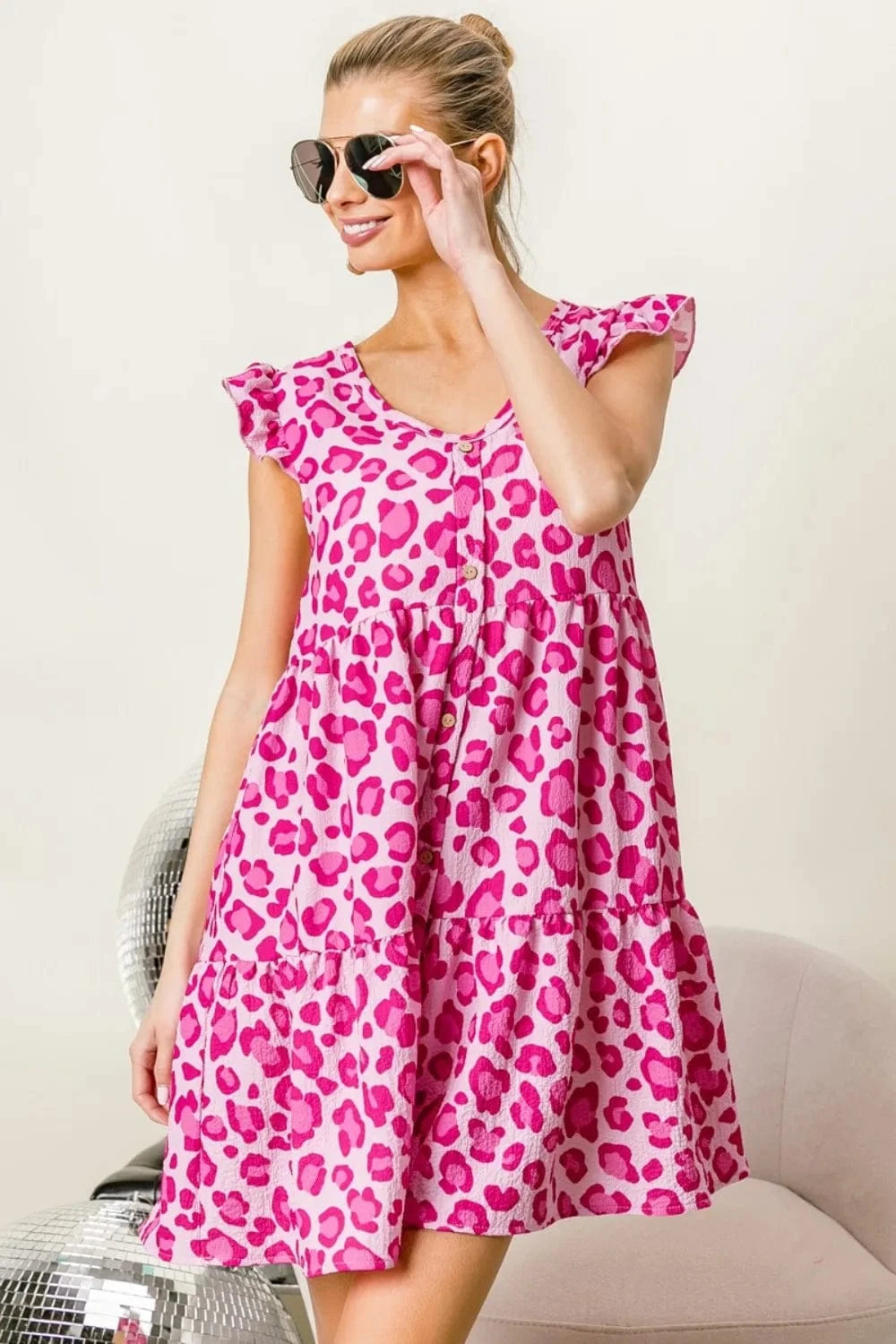 Trendsi BiBi Leopard Cap Sleeve Tiered Mini Dress