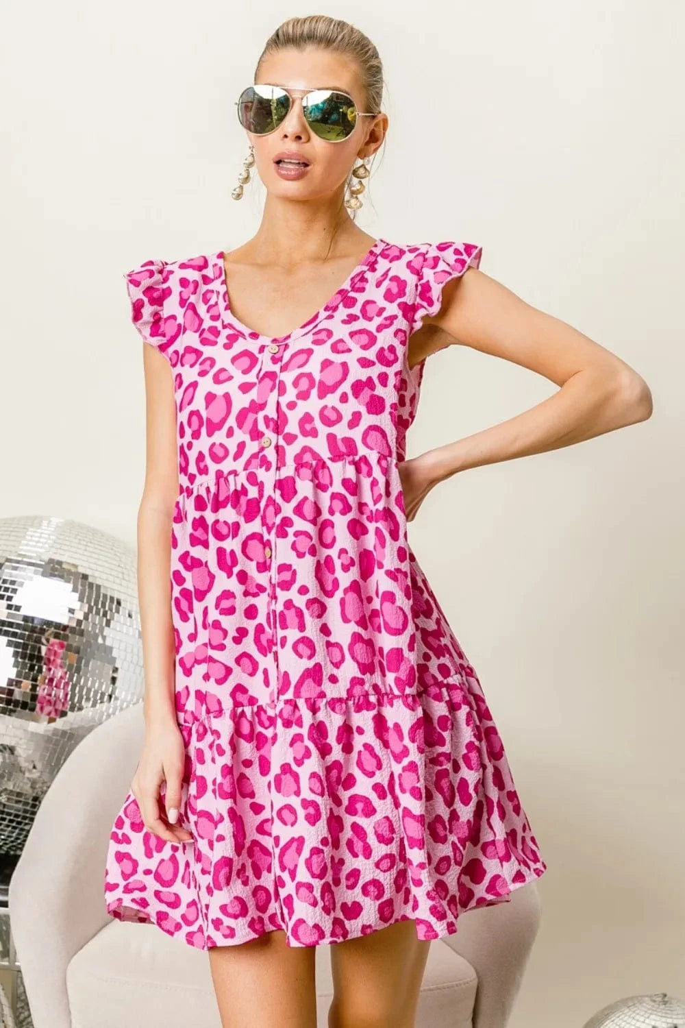 Trendsi BiBi Leopard Cap Sleeve Tiered Mini Dress