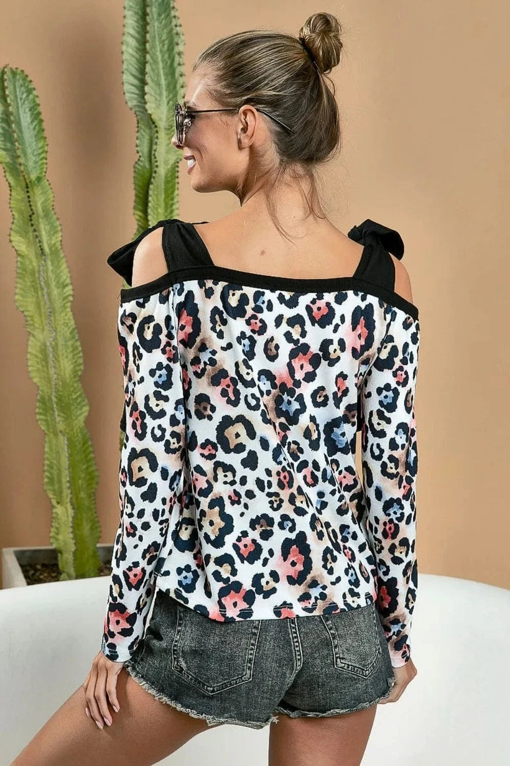 Trendsi BiBi Leopard Shoulder Tie Long Sleeve Top
