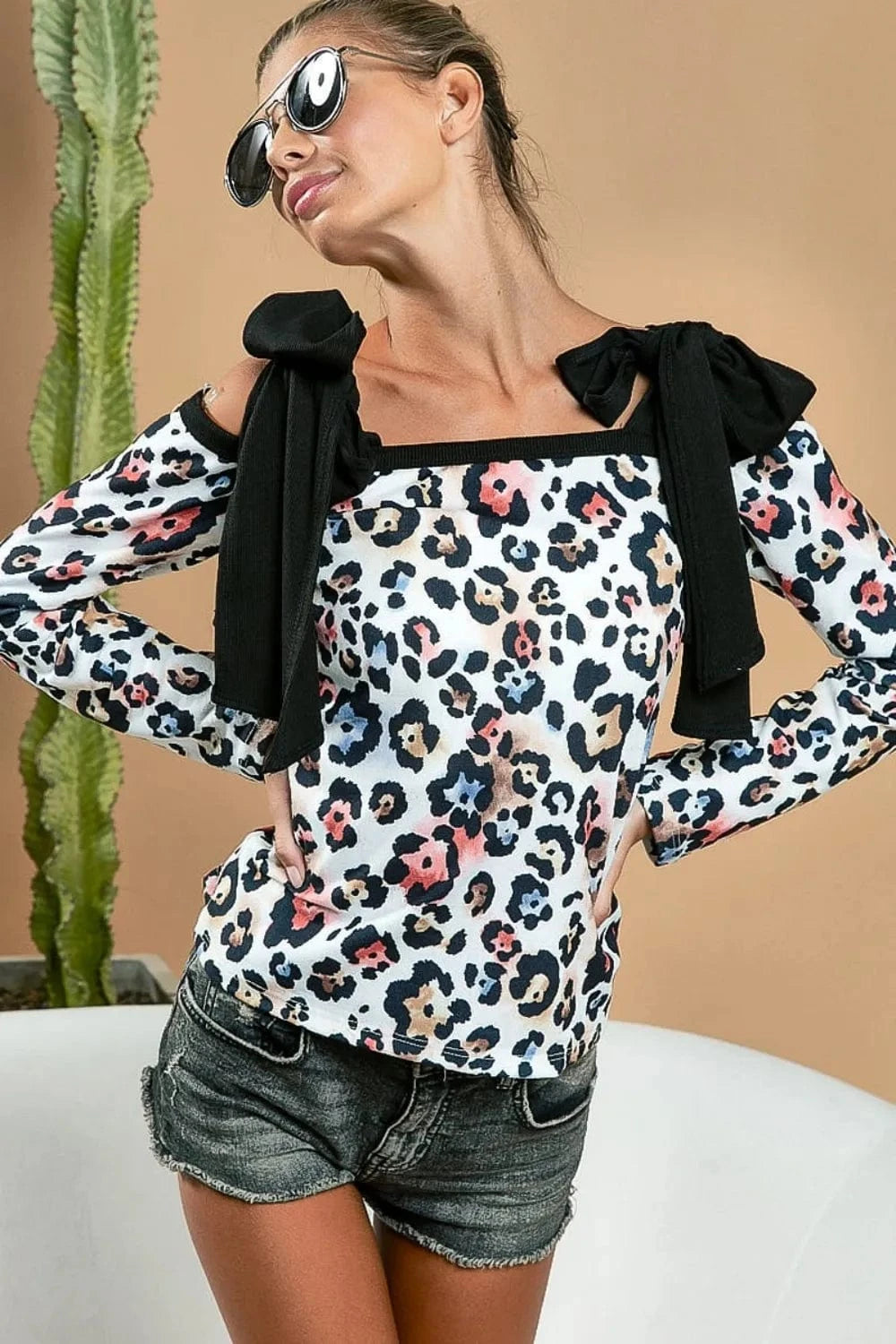 Trendsi BiBi Leopard Shoulder Tie Long Sleeve Top