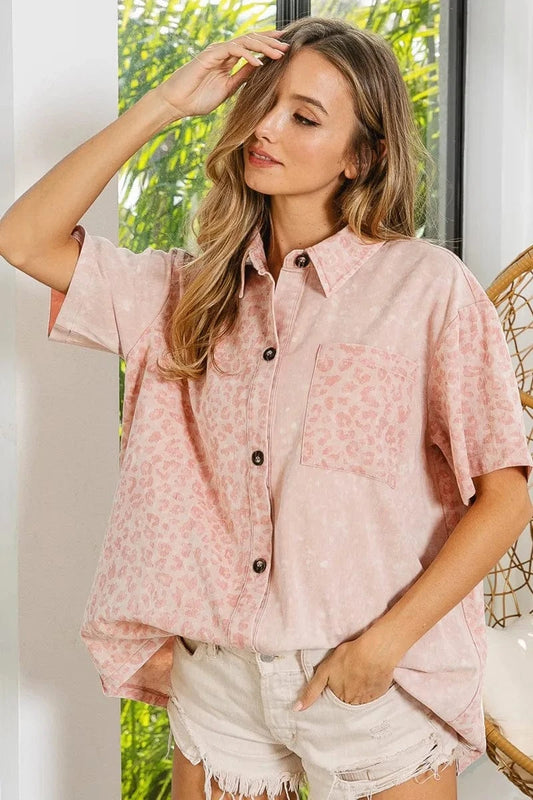 Trendsi BiBi Mineral Washed Leopard Print Short Sleeve Shirt