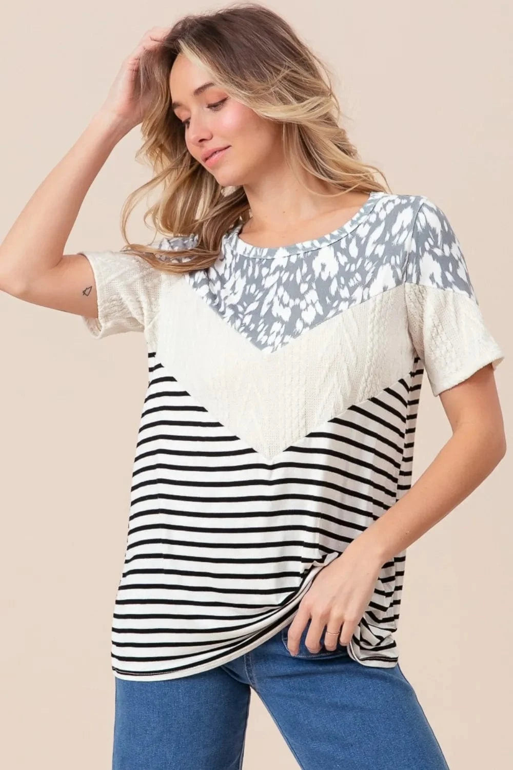 Trendsi BiBi Printed Color Block Short Sleeve T-Shirt