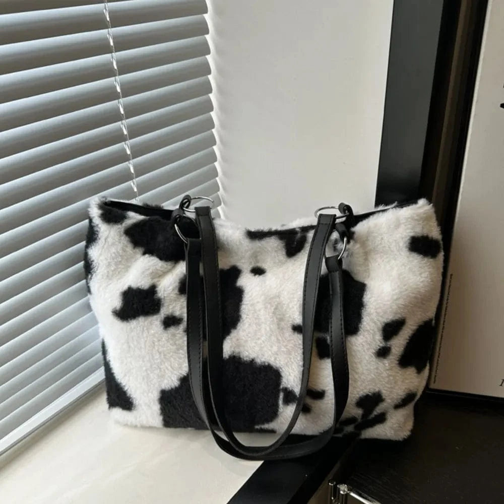 Trendsi Black / One Size Cow Print Furry Tote Bag