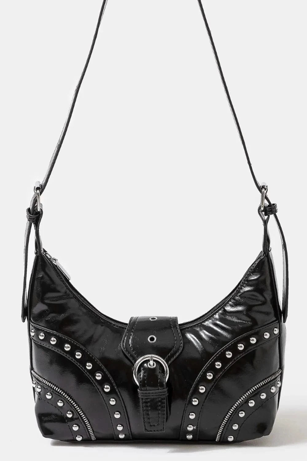 Trendsi Black / One Size Fame Faux Leather Studded Trim Shoulder Bag