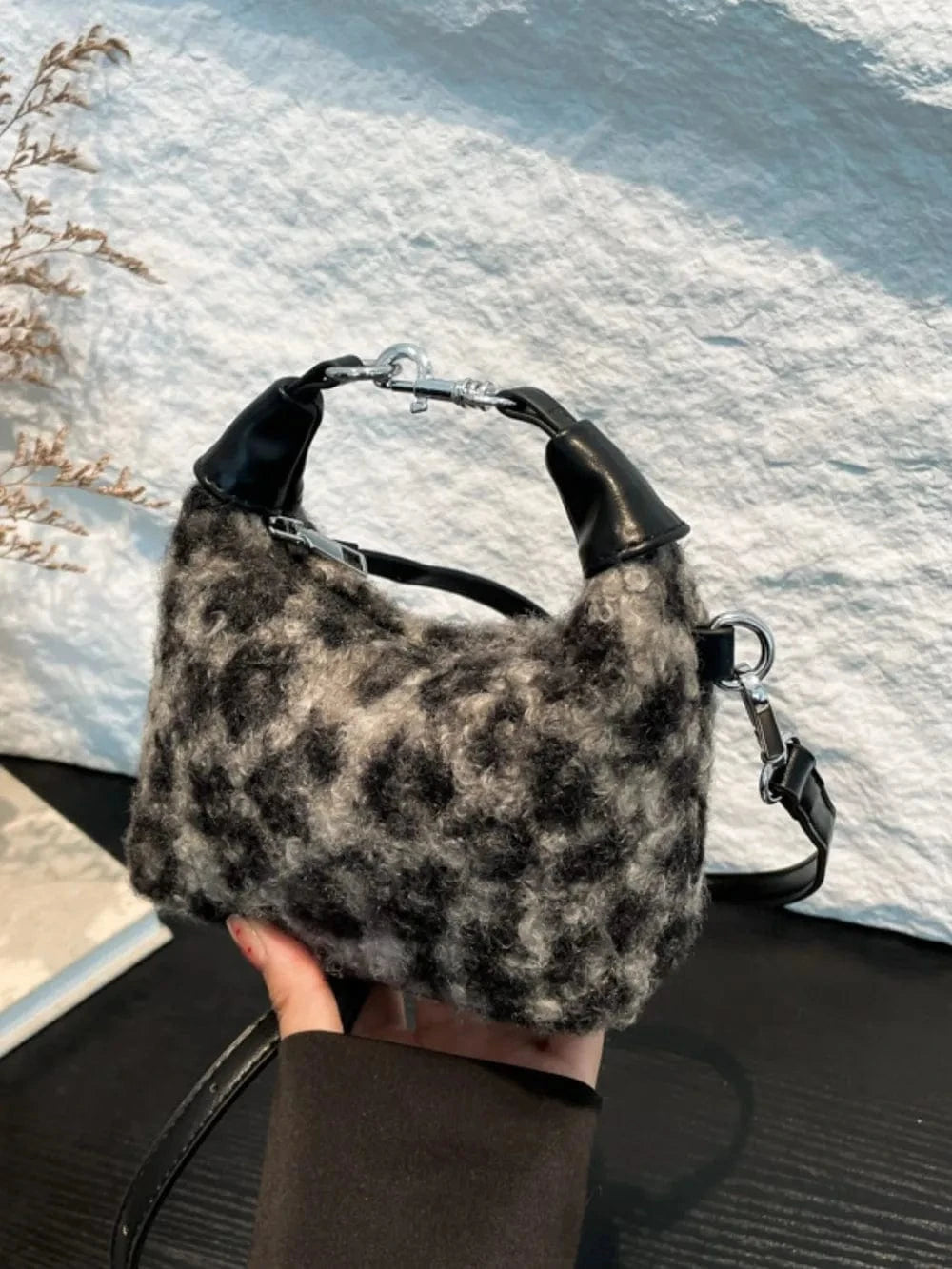 Trendsi Black / One Size Fuzzy Polyester Mini Handbag with Zipper