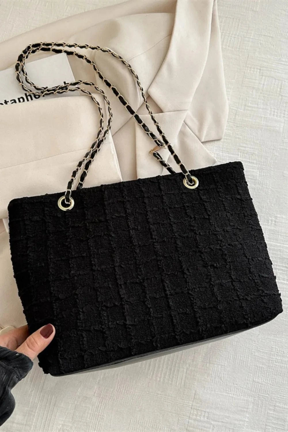 Trendsi Black / One Size Polyester Texture Chain Tote bag