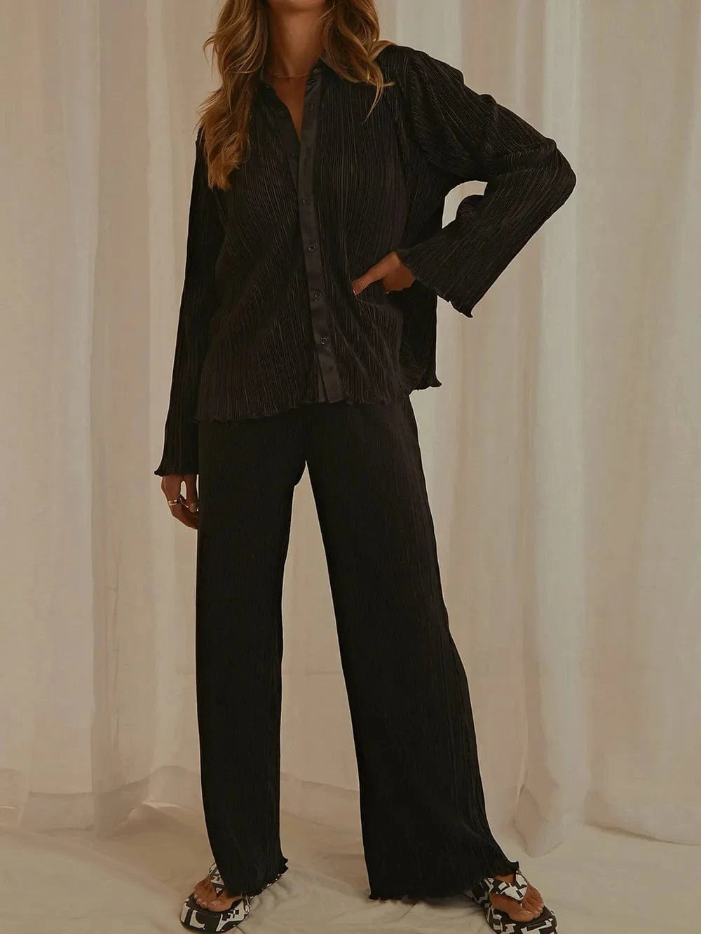 Trendsi Black / S Collared Neck Long Sleeve Top and Pants Lounge Set