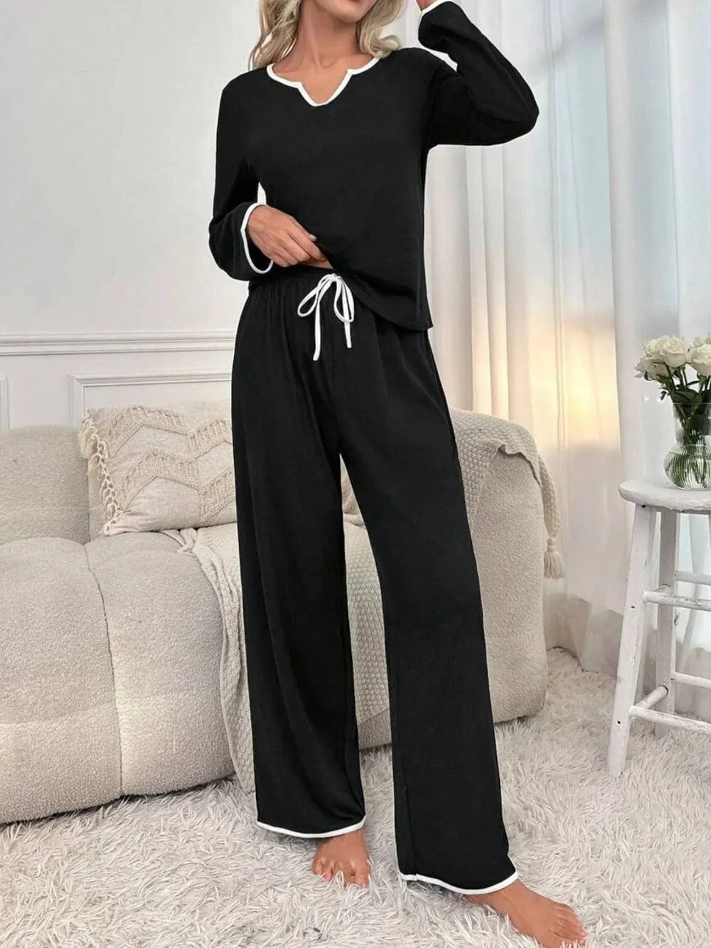 Trendsi Black / S Contrast Trim Notched Long Sleeve Top and Pants Lounge Set